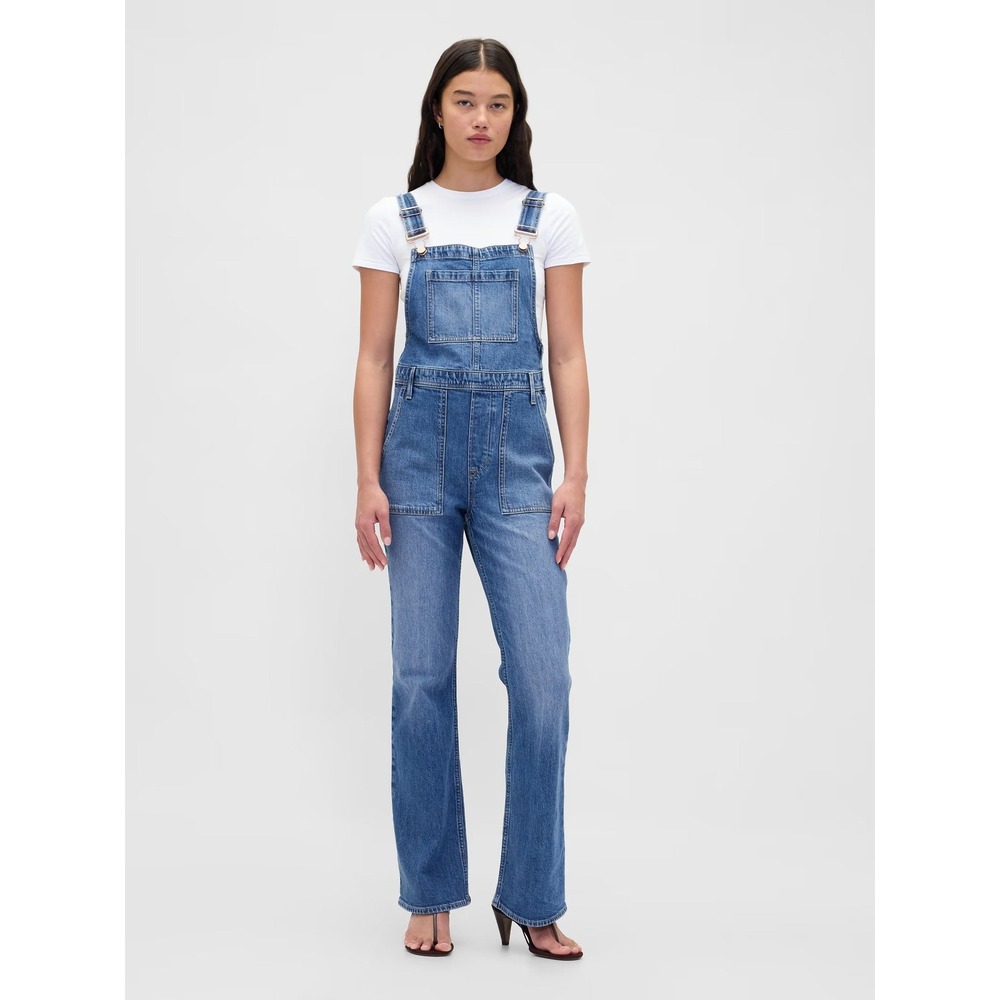 NEW Gap Cotton Stretch Denim Long & Lean Bootcut Leg Overalls Blue Medium TALL